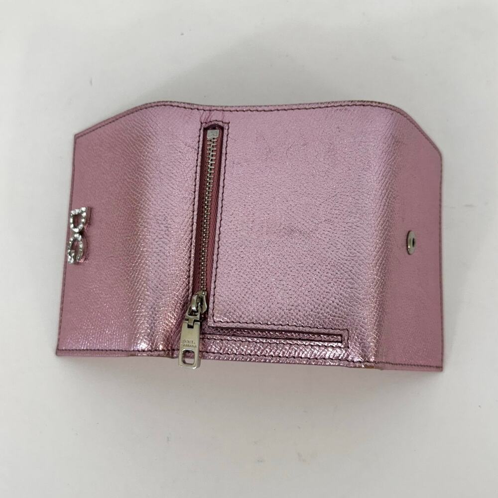 Dolce and Gabbana Trifold Metallic Dauphine Leather Small Wallet w/ Crystal Logo - Picture 4 of 13